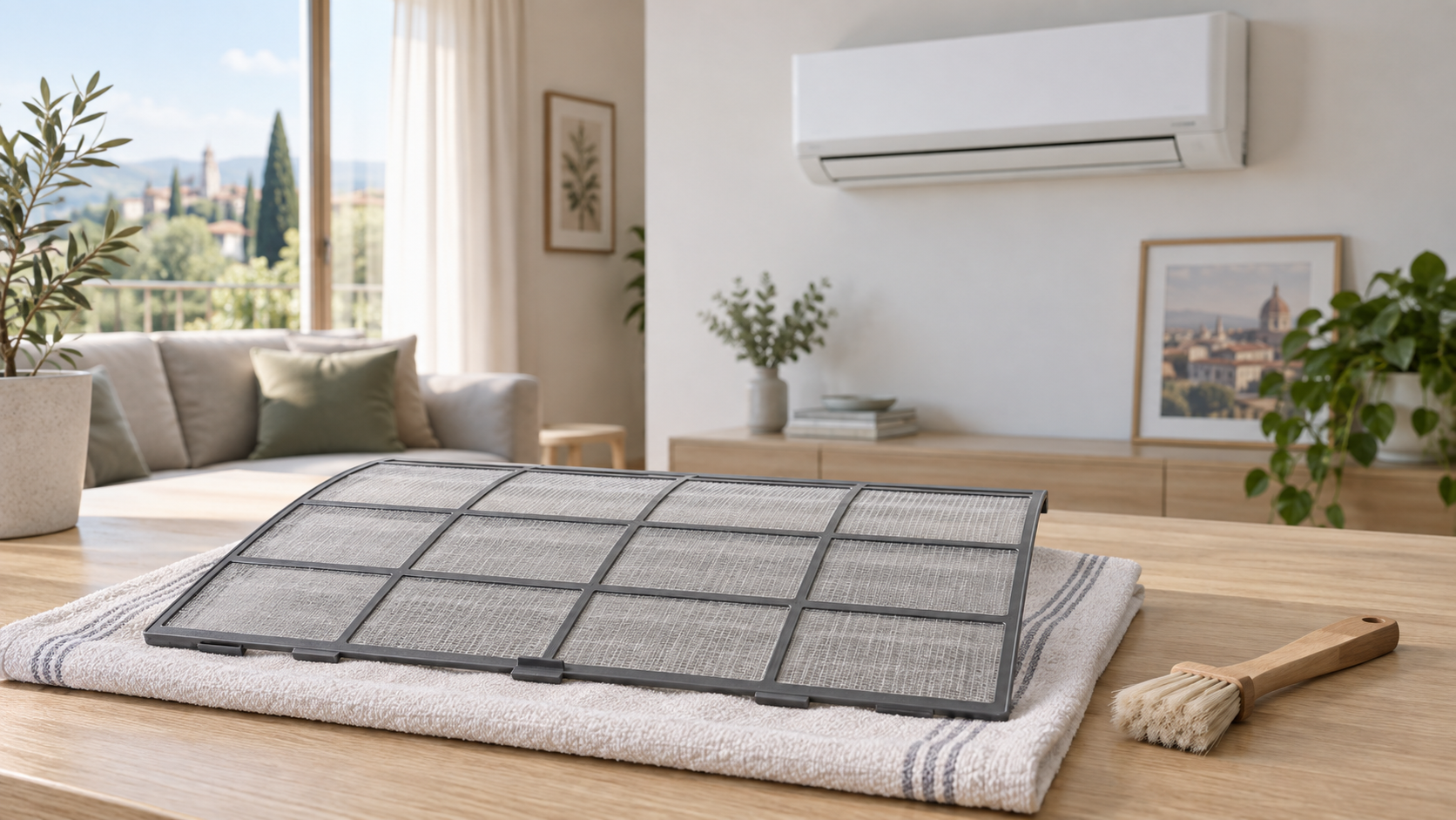 Filtro a rete di un condizionatore su un panno pulito, con split domestico sullo sfondo