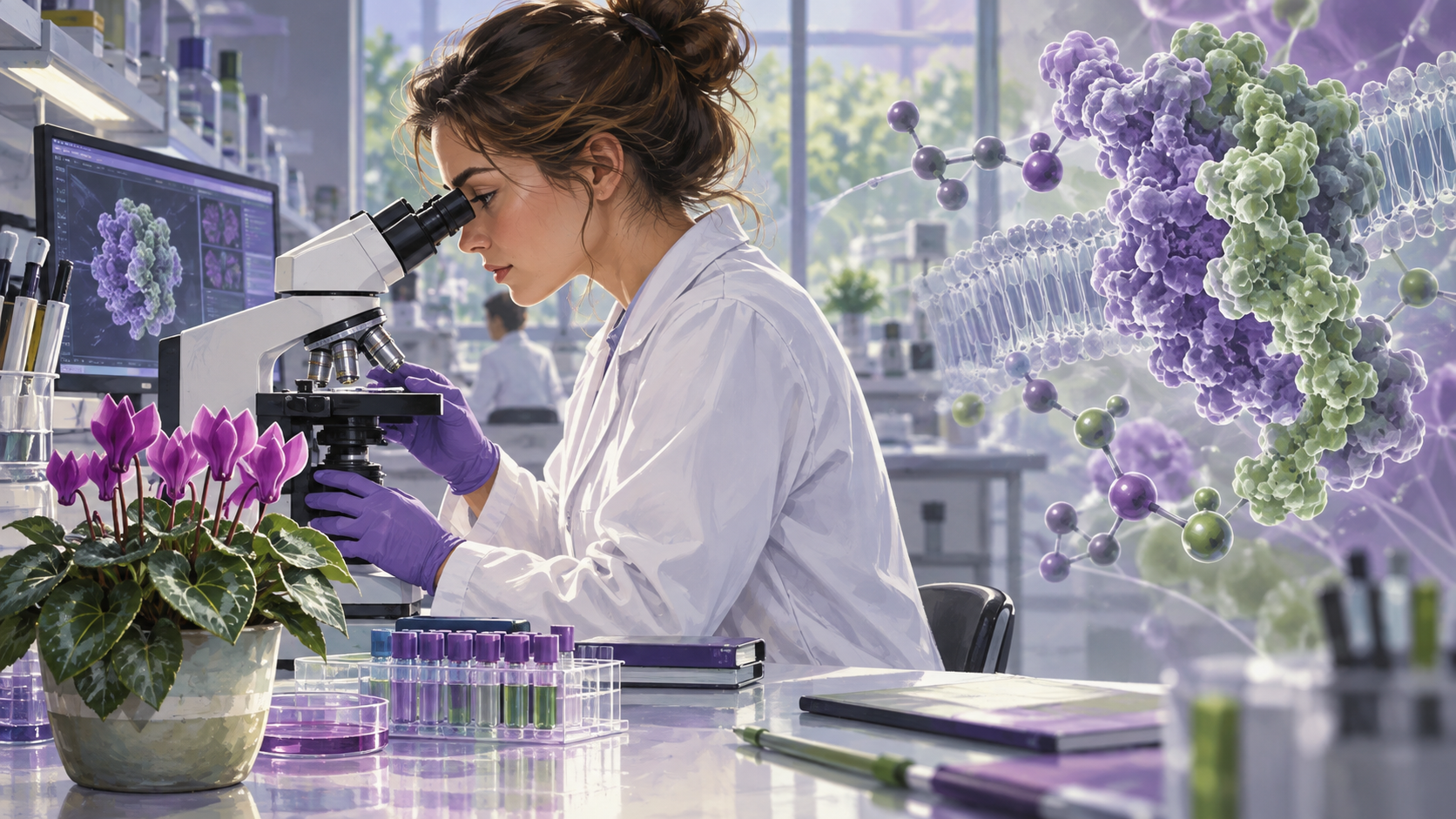 Ricercatrice al microscopio con struttura molecolare illustrata e ciclamino