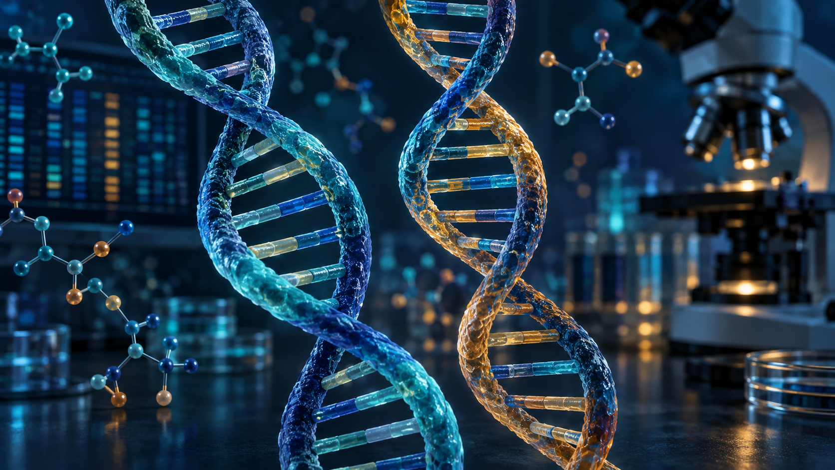Illustrazione scientifica concettuale di filamenti di DNA e campioni osservati in laboratorio