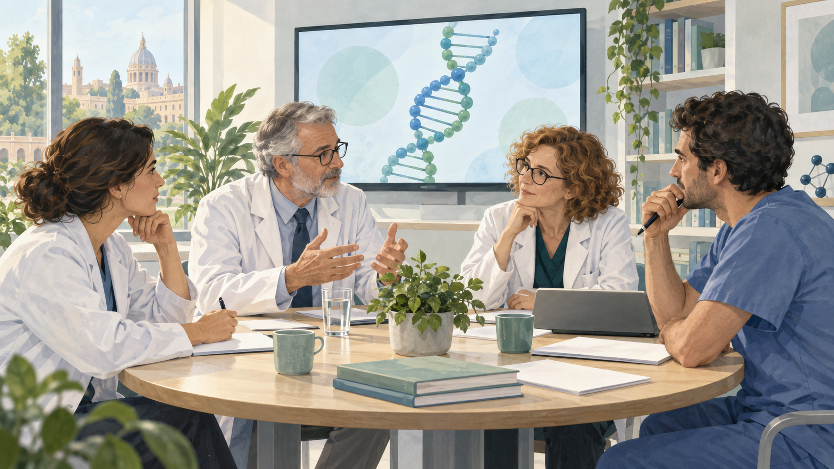 Illustrazione di professionisti sanitari riuniti attorno a un tavolo per discutere dati molecolari