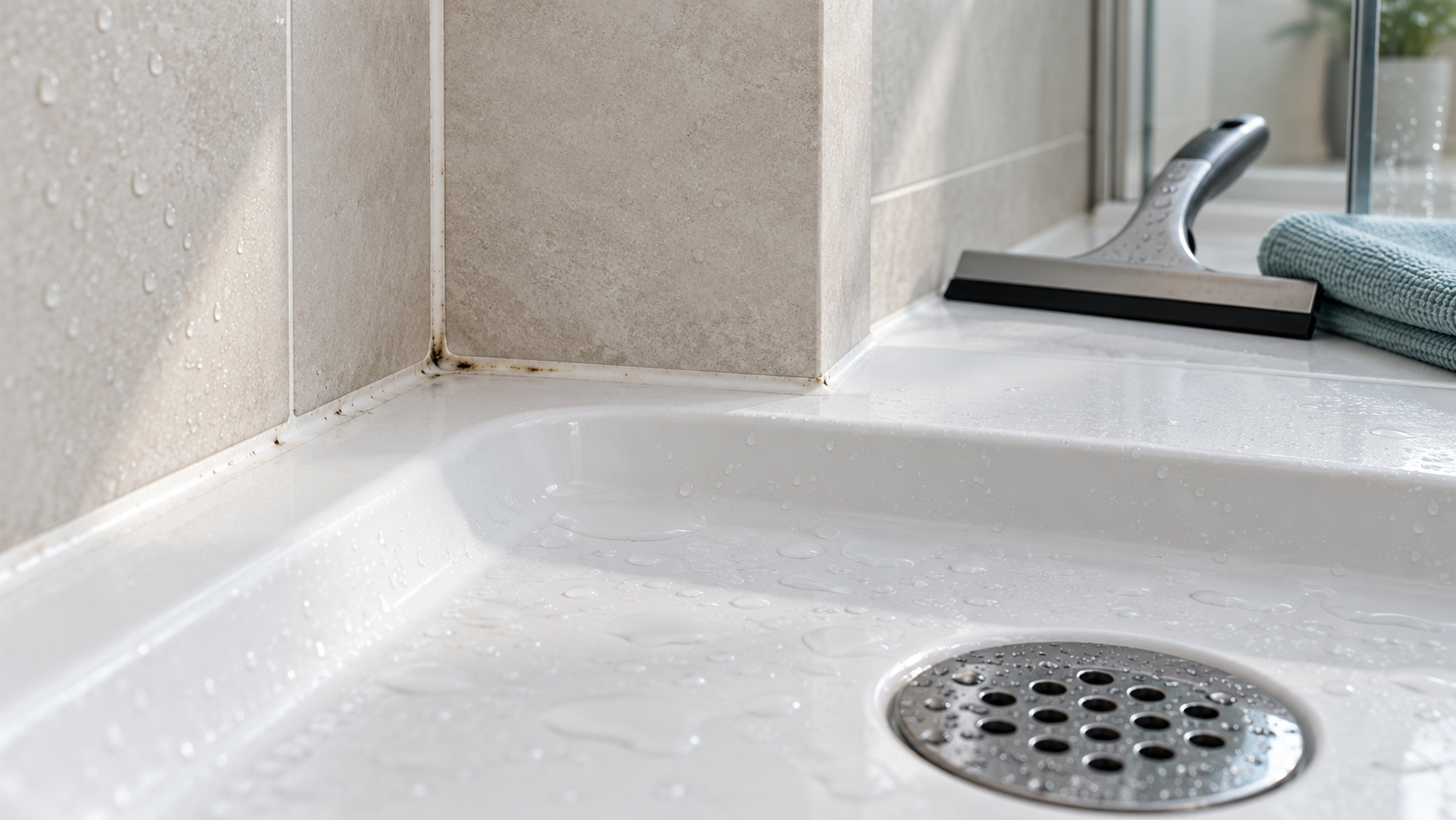 Macchie scure sul silicone tra piastrelle e piatto doccia, con gocce d’acqua, tergivetro e panno sul bordo