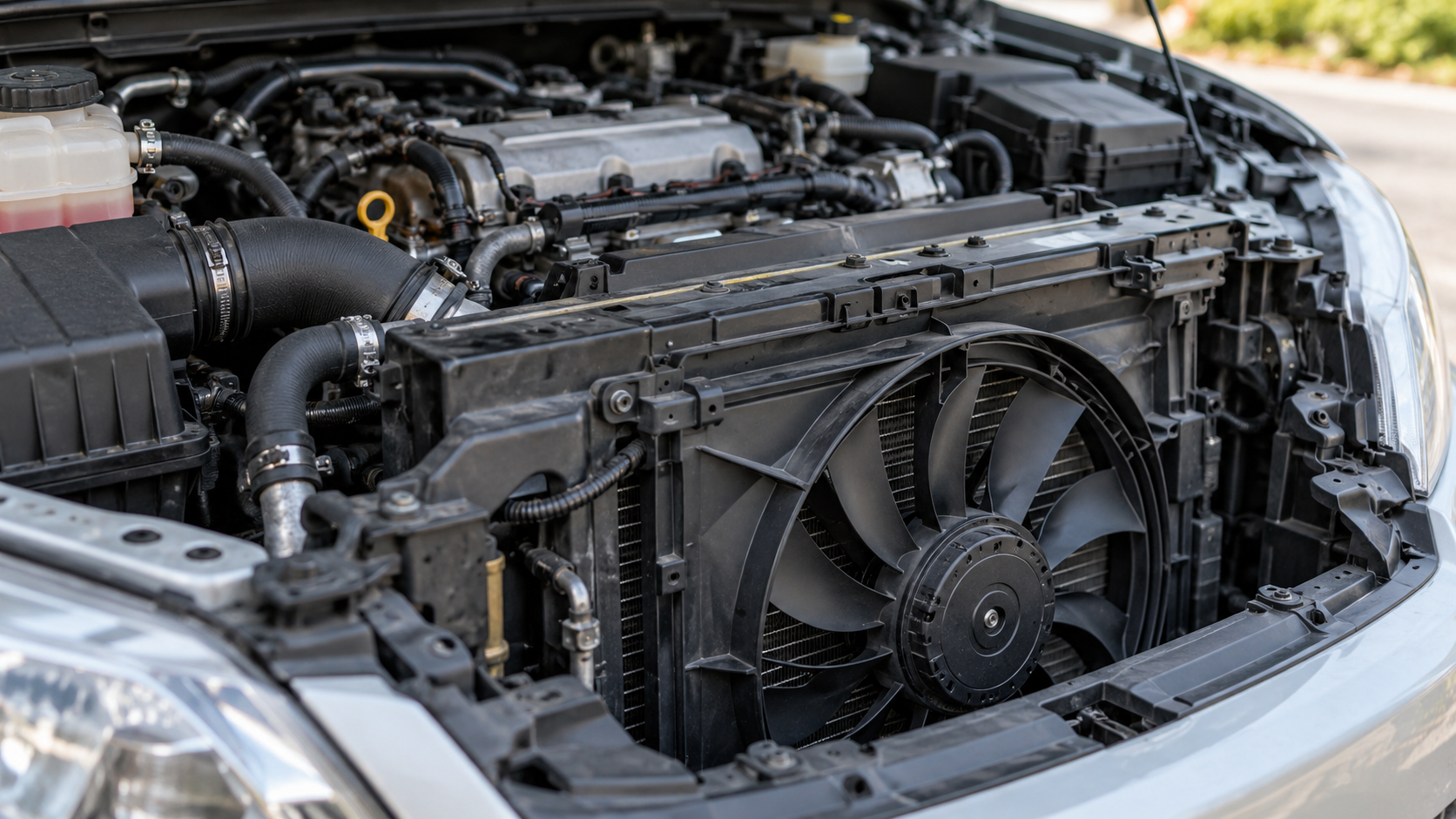 Ventola del radiatore e relativo supporto nel vano motore di un’automobile con cofano aperto